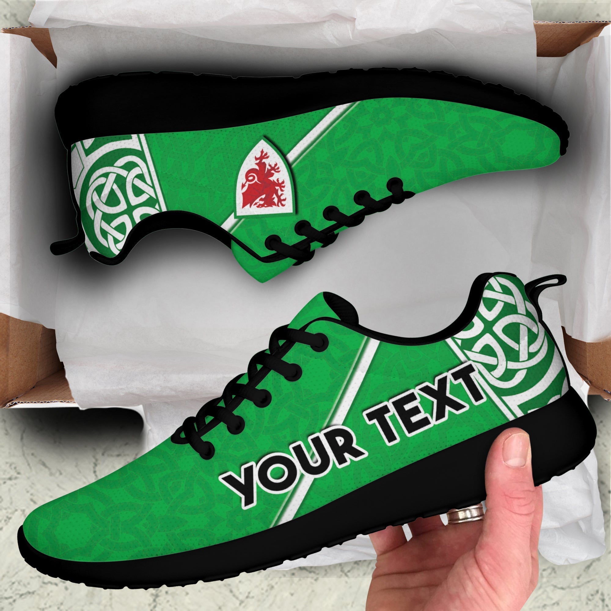 (Custom Personalised) Wales Football Sporty Sneakers Come On Welsh Dragons With Celtic Knot Pattern LT14