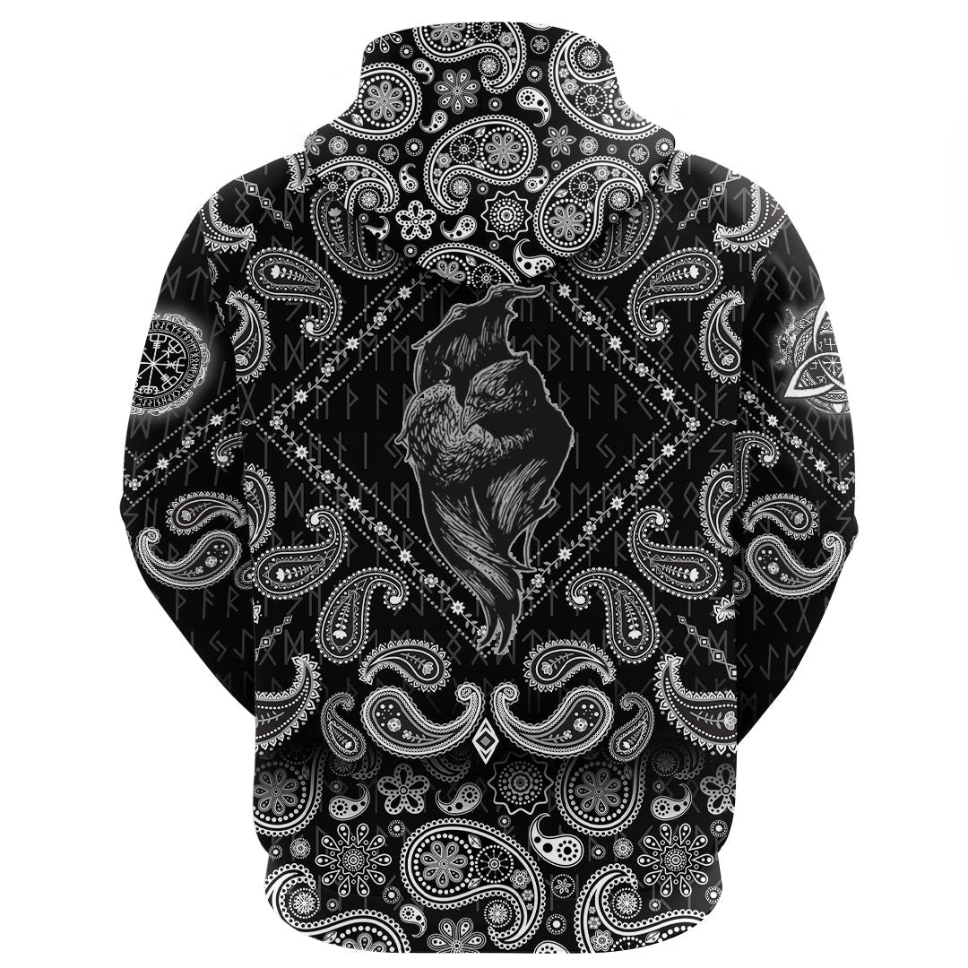Viking Hoodie Stylized Crows Decorative Bird Line Art Rook with Bandana Paisley Style RLT12