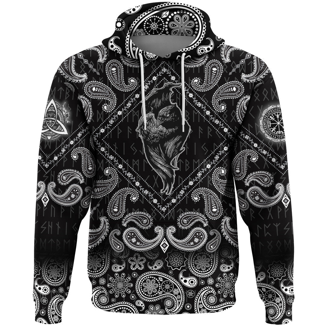 Viking Hoodie Stylized Crows Decorative Bird Line Art Rook with Bandana Paisley Style RLT12