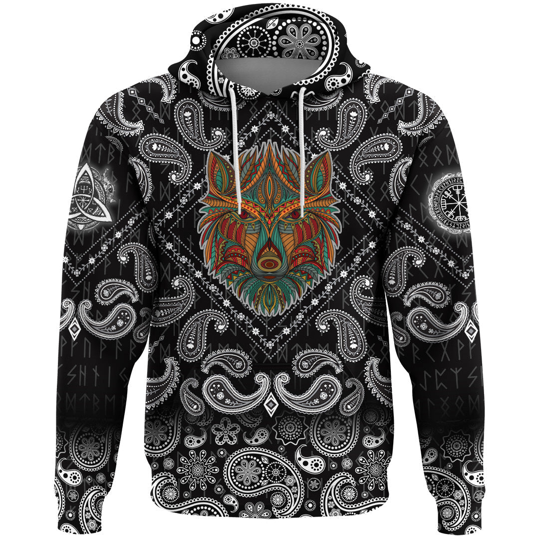 Viking Hoodie Stylized Wolf In Ethnic Dark Background with Bandana Paisley Style RLT12
