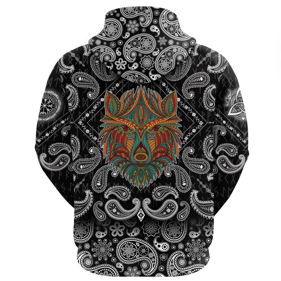 Viking Hoodie Stylized Wolf In Ethnic Dark Background with Bandana Paisley Style RLT12
