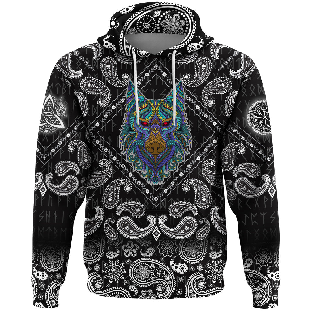 Viking Hoodie Stylized Wolf In Ethnic with Bandana Paisley Style RLT12