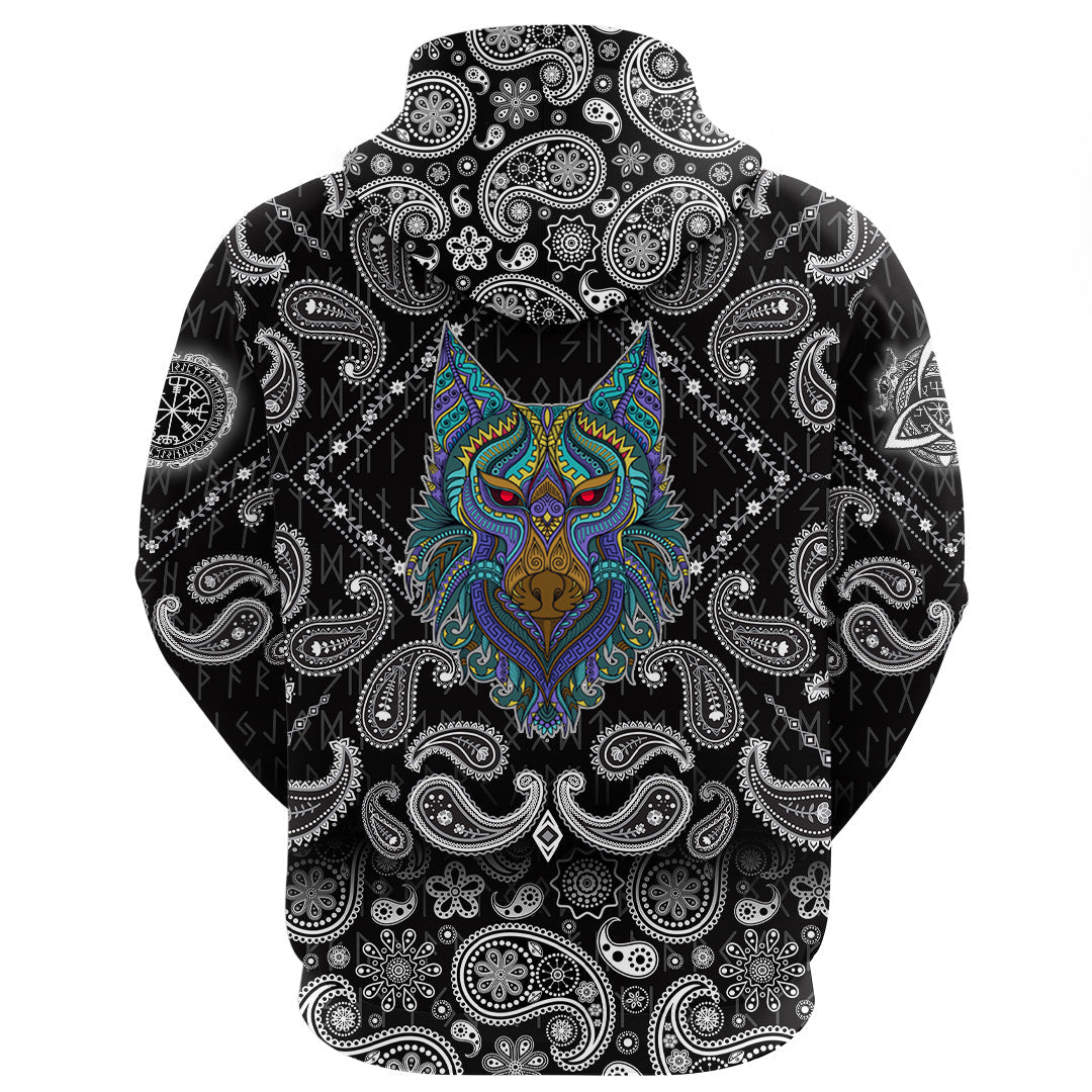 Viking Hoodie Stylized Wolf In Ethnic with Bandana Paisley Style RLT12