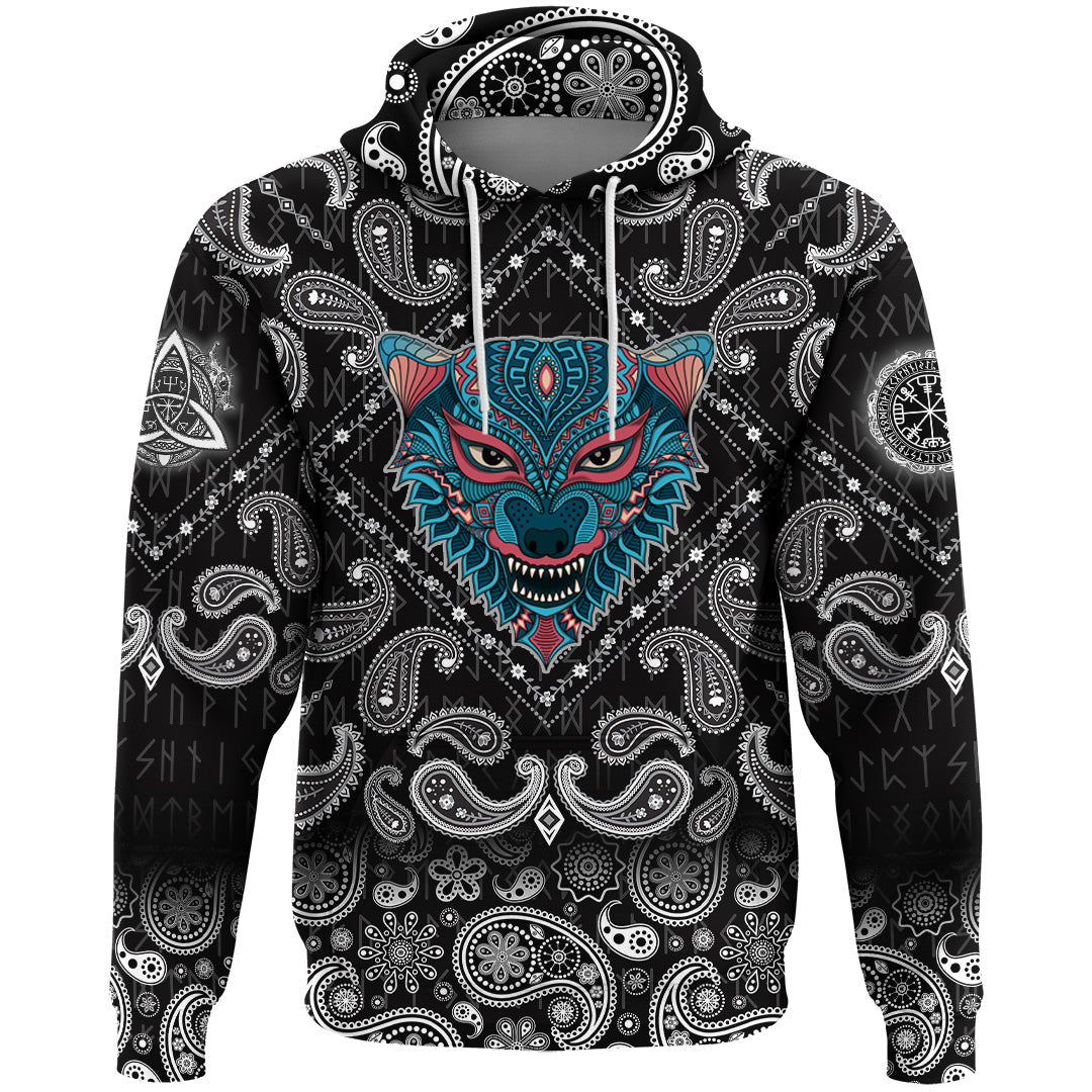 Viking Hoodie Stylized Wolf with Bandana Paisley Style RLT12