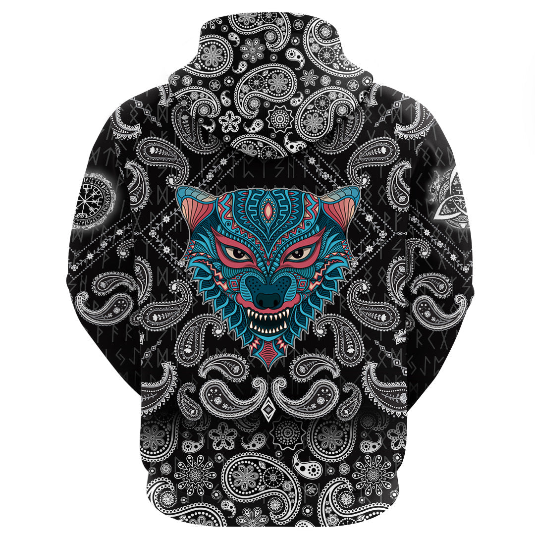 Viking Hoodie Stylized Wolf with Bandana Paisley Style RLT12