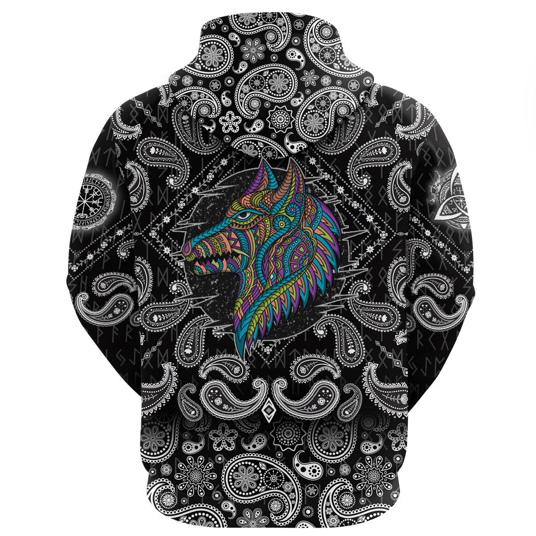 Viking Hoodie Stylized dog in ethnic dark with Bandana Paisley Style RLT12