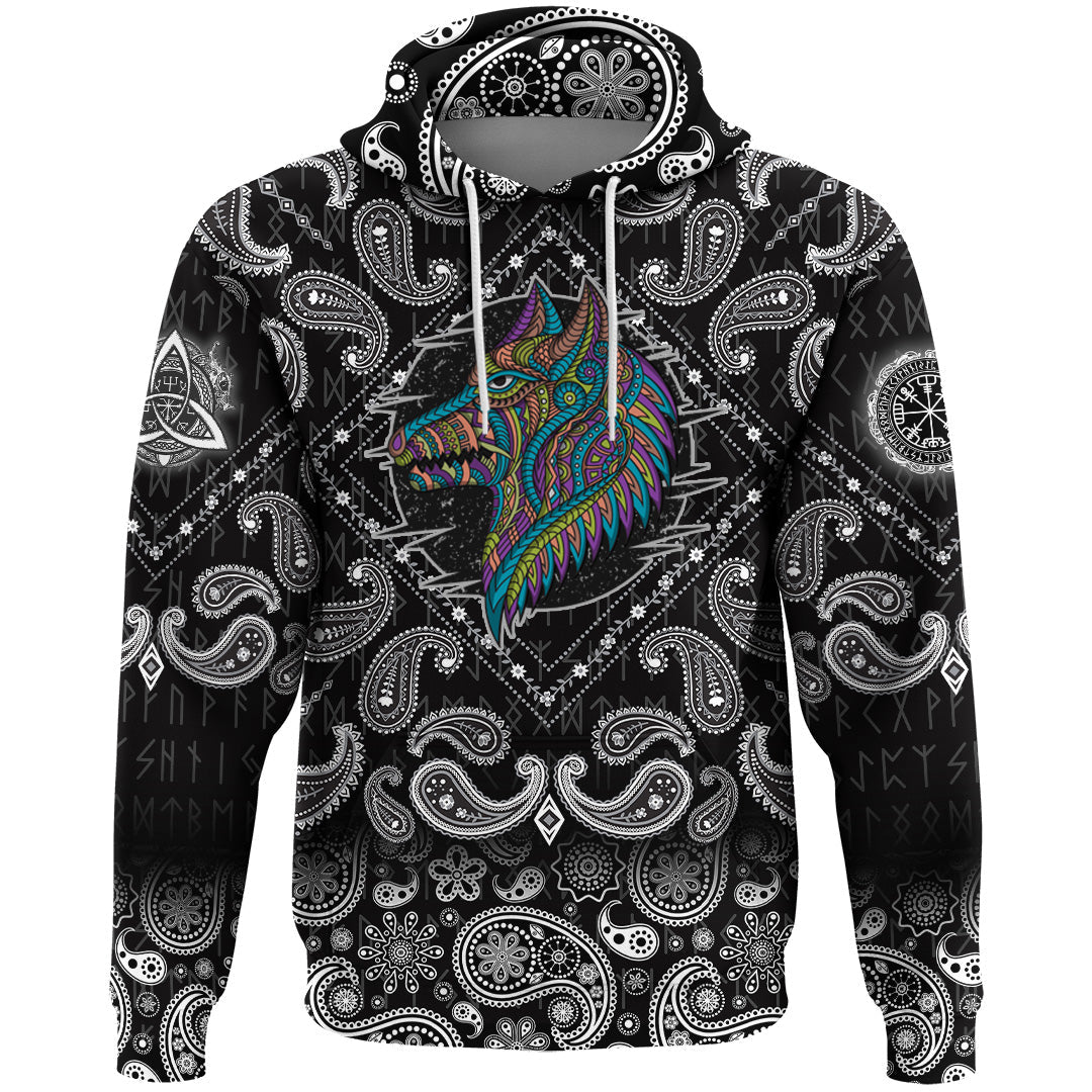 Viking Hoodie Stylized dog in ethnic dark with Bandana Paisley Style RLT12
