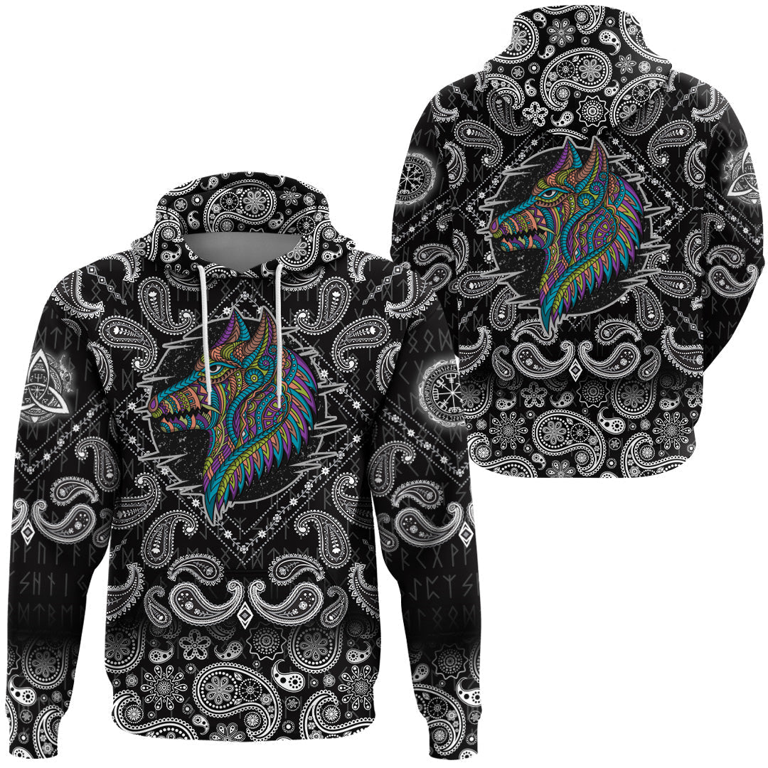 Viking Hoodie Stylized dog in ethnic dark with Bandana Paisley Style RLT12