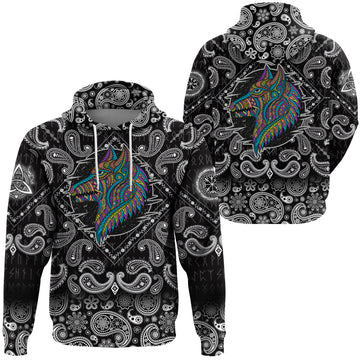 Viking Hoodie Stylized dog in ethnic dark with Bandana Paisley Style RLT12