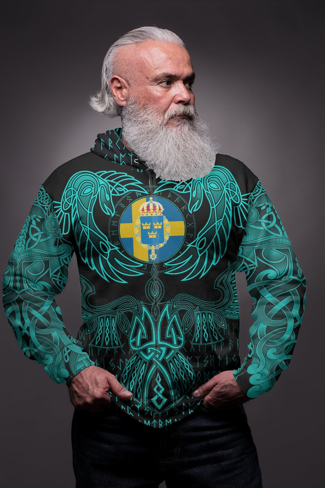 Viking Sweden Zip Hoodie Valknut of Odin Cyan RLT12