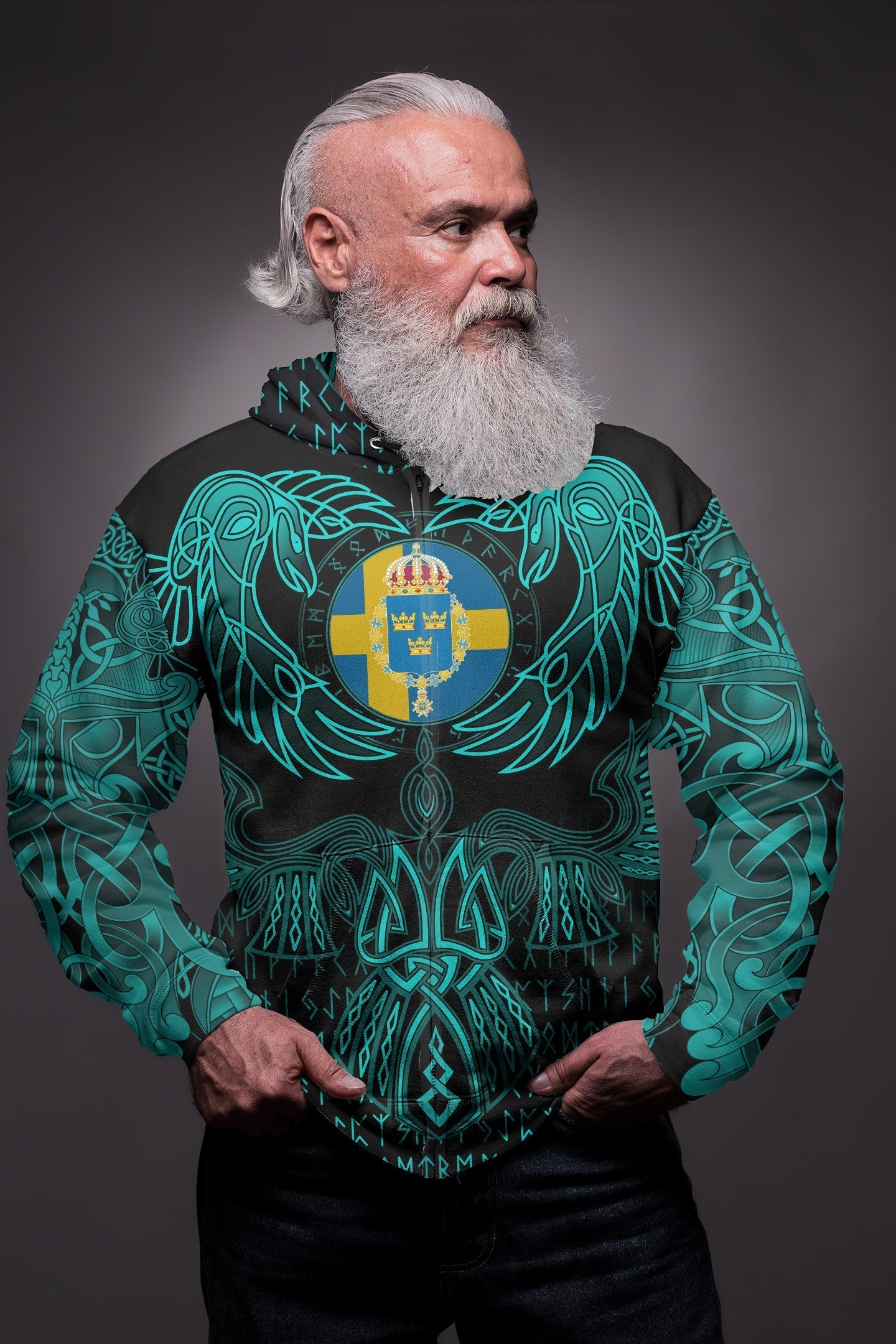 Viking Sweden Zip Hoodie Valknut of Odin Cyan RLT12