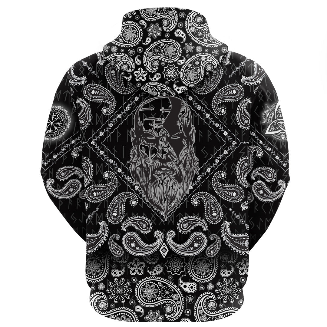 Viking Hoodie Tattoo Angry Beard Man with Bandana Paisley Style RLT12