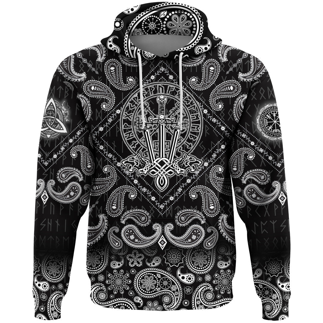 Viking Hoodie Tattoo Wolf Swords with Bandana Paisley Style RLT12
