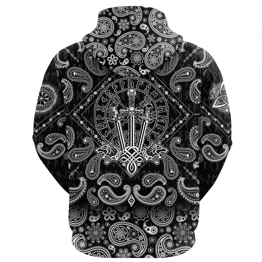 Viking Hoodie Tattoo Wolf Swords with Bandana Paisley Style RLT12