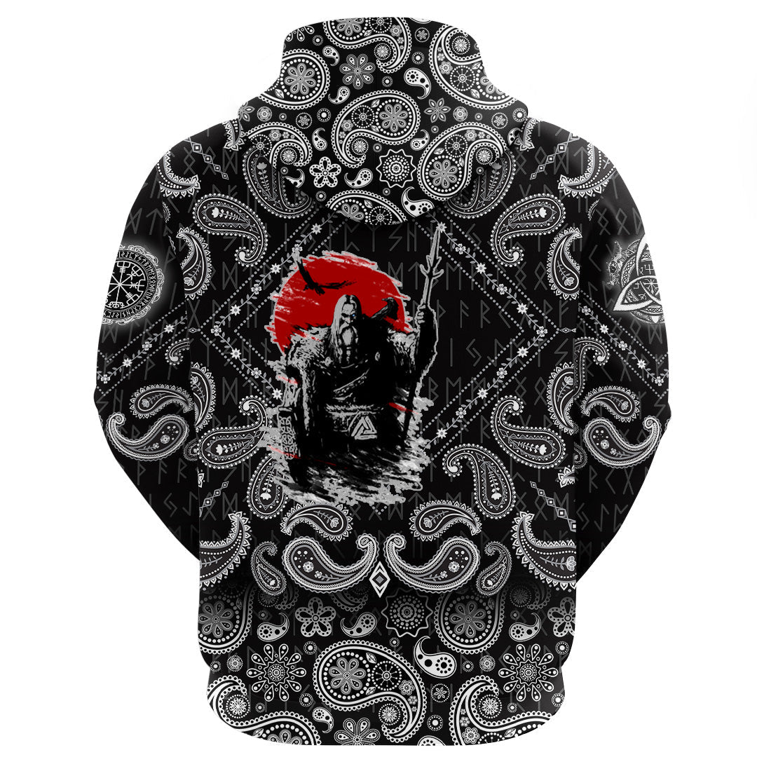 Viking Hoodie The Harsh God Odin Against The Background Of Red Sun with Bandana Paisley Style RLT12