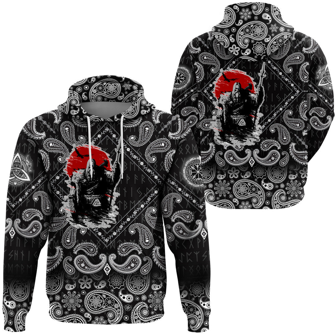 Viking Hoodie The Harsh God Odin Against The Background Of Red Sun with Bandana Paisley Style RLT12