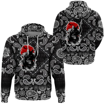 Viking Hoodie The Harsh God Odin Against The Background Of Red Sun with Bandana Paisley Style RLT12