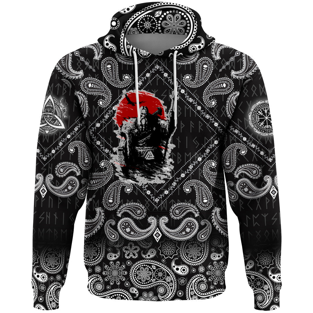 Viking Hoodie The Harsh God Odin Against The Background Of Red Sun with Bandana Paisley Style RLT12