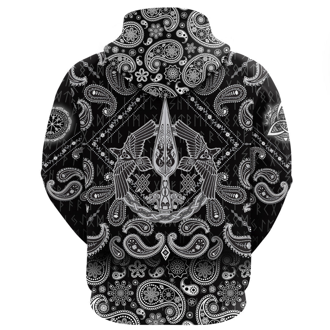 Viking Hoodie The Spear Of The God Odin Gungnir Two Ravens with Bandana Paisley Style RLT12