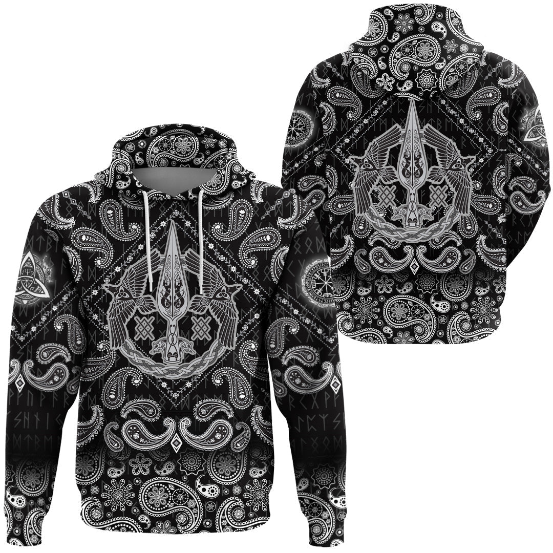 Viking Hoodie The Spear Of The God Odin Gungnir Two Ravens with Bandana Paisley Style RLT12