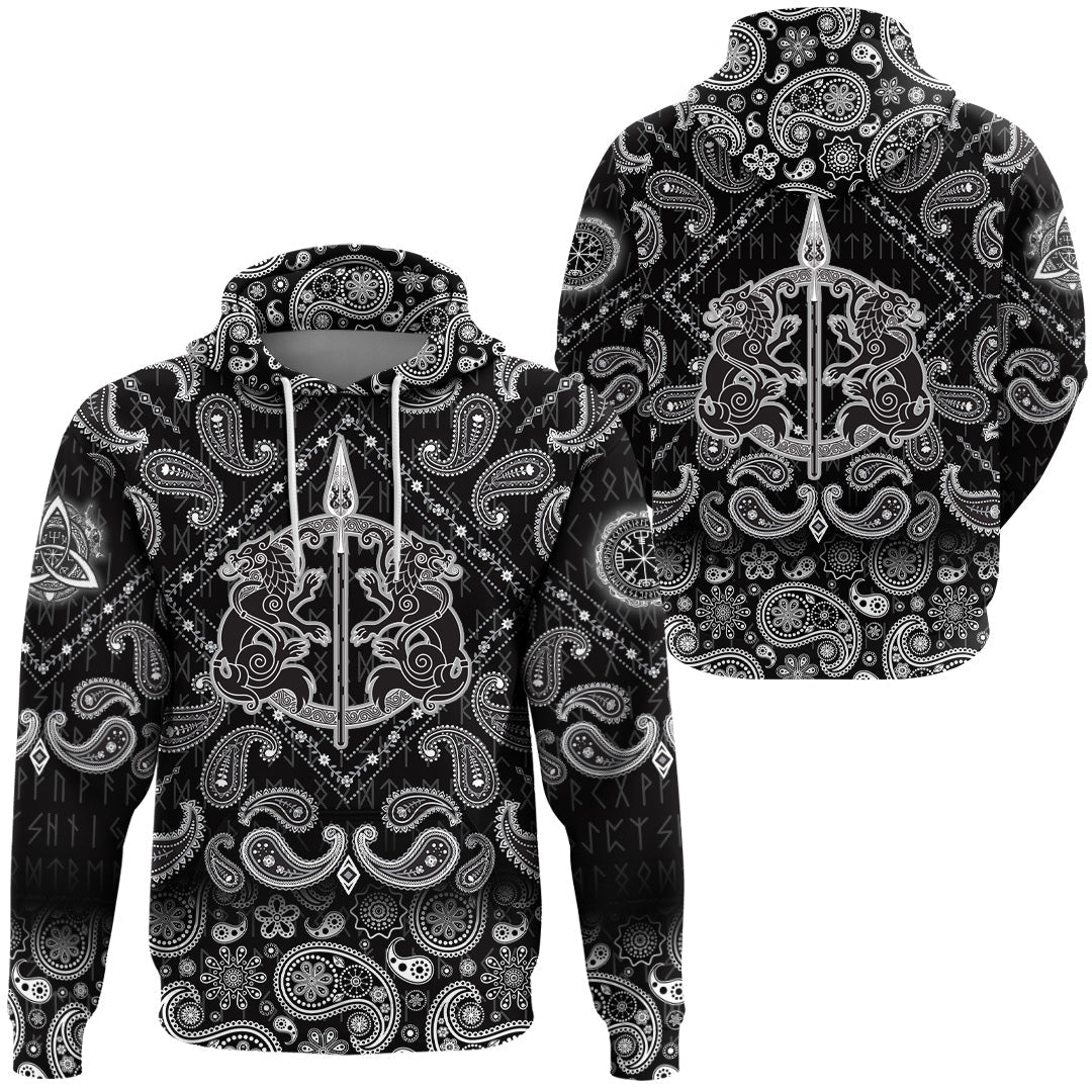 Viking Hoodie The Spear Of The God Odin Gungnir Two Wolves with Bandana Paisley Style RLT12