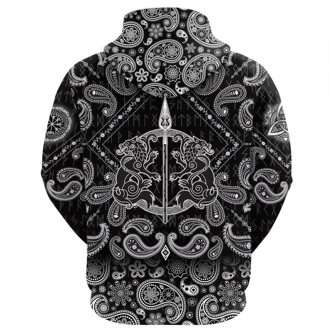 Viking Hoodie The Spear Of The God Odin Gungnir Two Wolves with Bandana Paisley Style RLT12