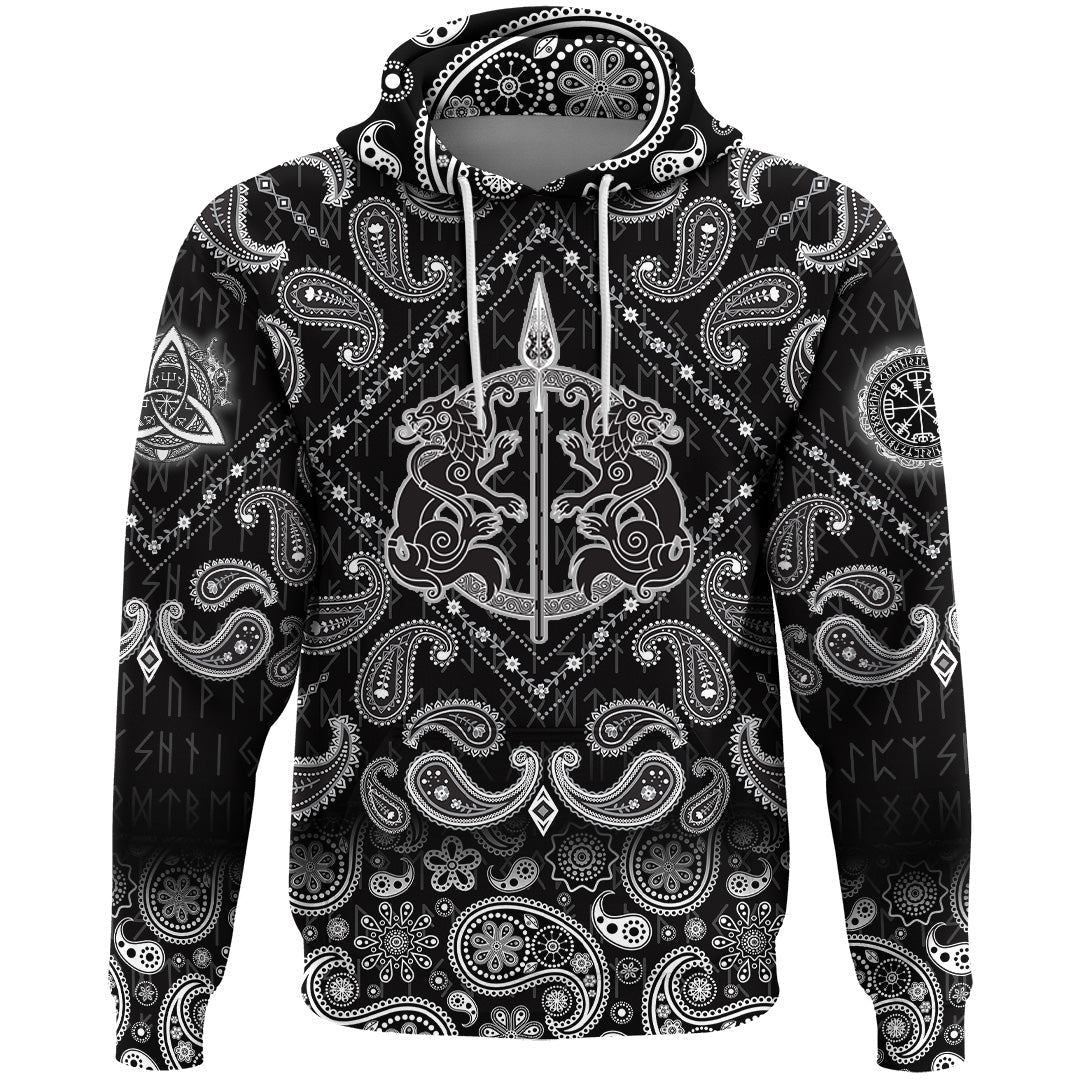 Viking Hoodie The Spear Of The God Odin Gungnir Two Wolves with Bandana Paisley Style RLT12