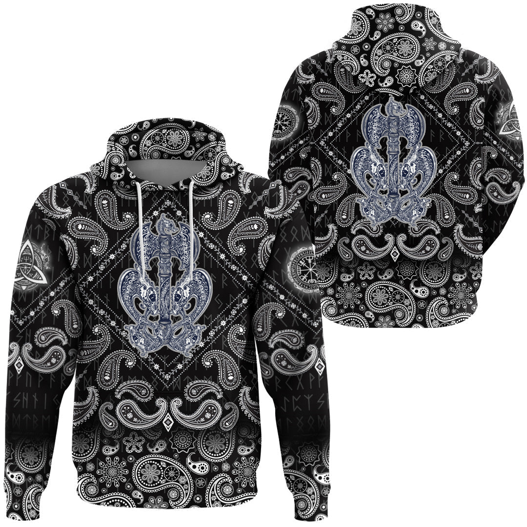 Viking Hoodie Thors Hammer Axe Viking with Bandana Paisley Style RLT12