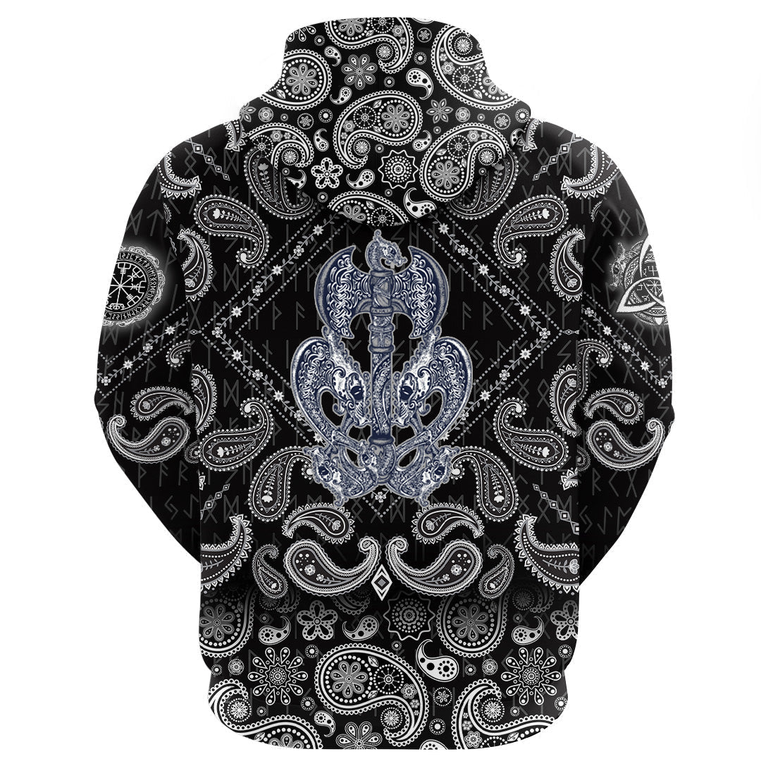 Viking Hoodie Thors Hammer Axe Viking with Bandana Paisley Style RLT12