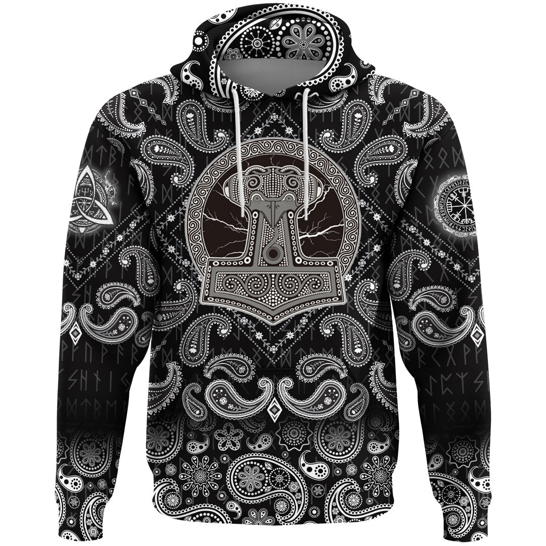 Viking Hoodie Thors Hammer Mjollnir Against The Backdrop Of The Glittering Lightning with Bandana Paisley Style RLT12
