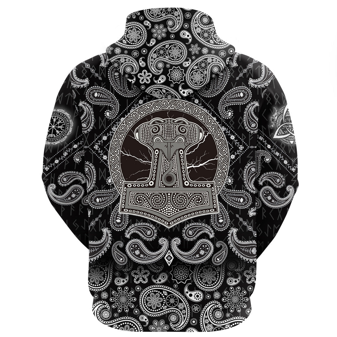 Viking Hoodie Thors Hammer Mjollnir Against The Backdrop Of The Glittering Lightning with Bandana Paisley Style RLT12