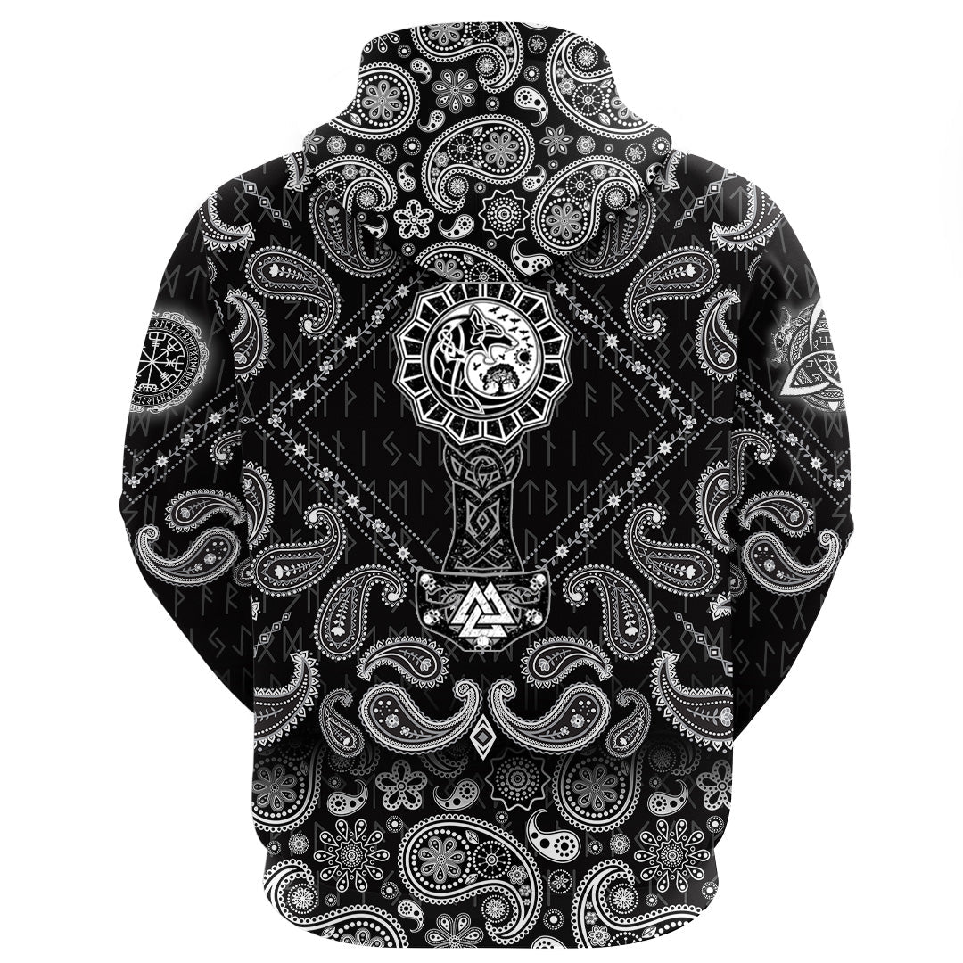 Viking Hoodie Thors Hammer with Bandana Paisley Style RLT12
