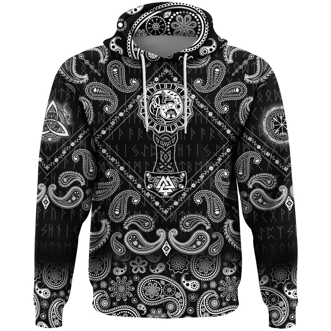 Viking Hoodie Thors Hammer with Bandana Paisley Style RLT12