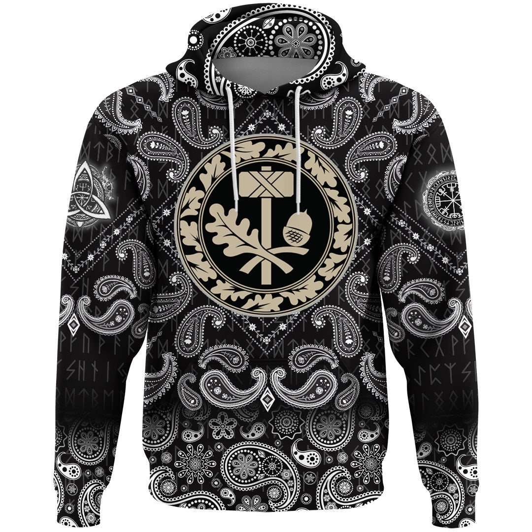 Viking Hoodie Thors Hammer Mjolnir and The Scandinavian Oak Leaf Ornament with Bandana Paisley Style RLT12