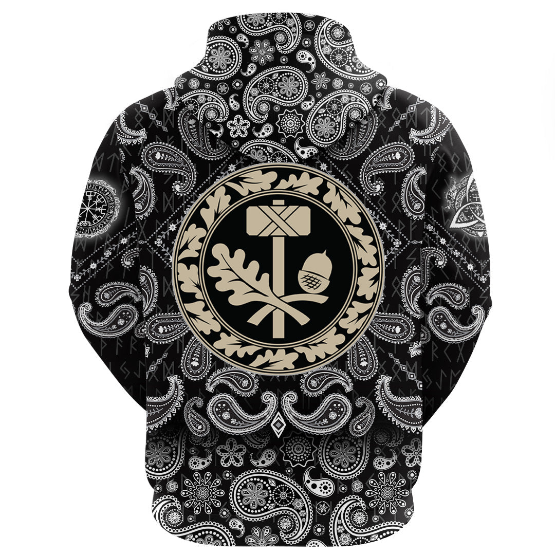 Viking Hoodie Thors Hammer Mjolnir and The Scandinavian Oak Leaf Ornament with Bandana Paisley Style RLT12