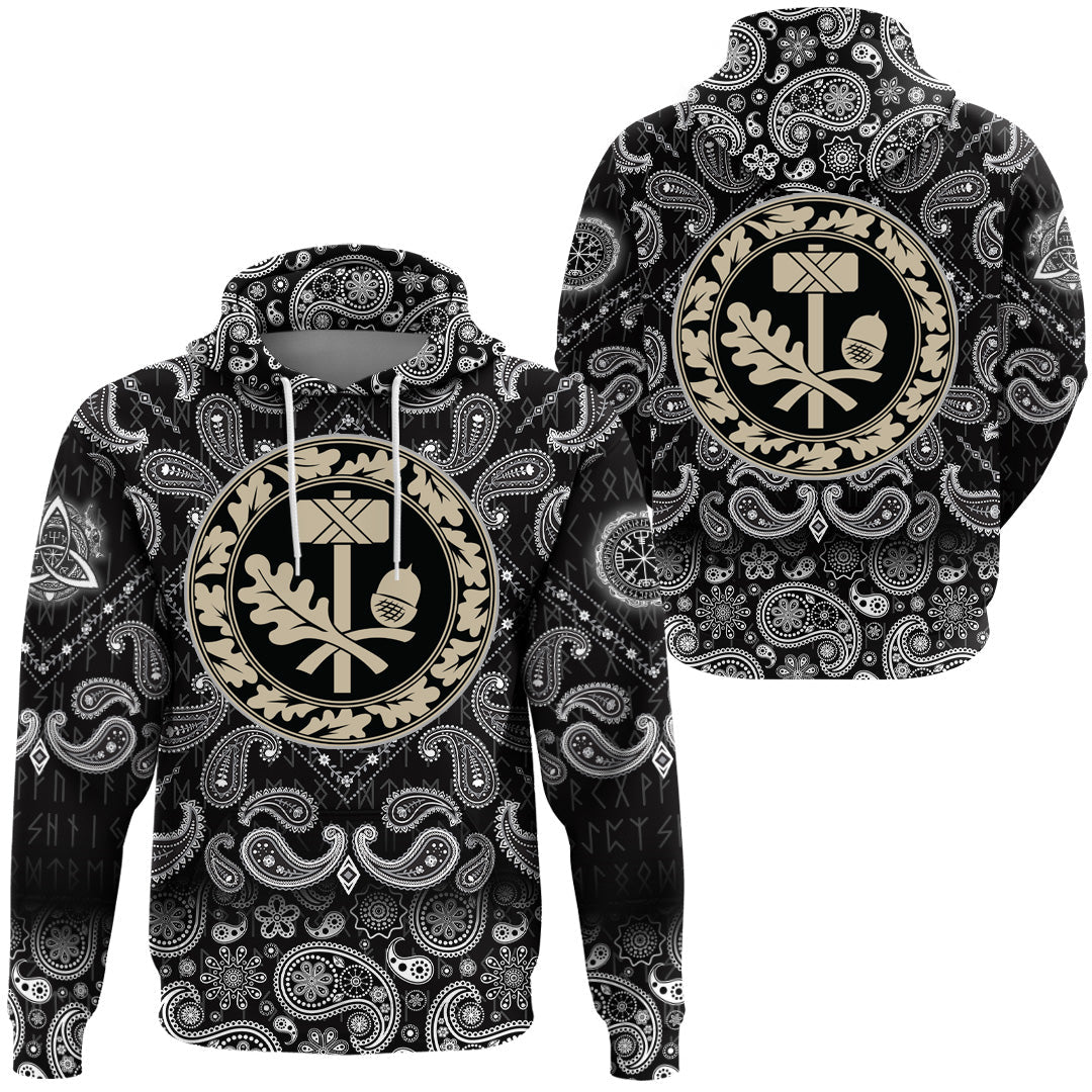 Viking Hoodie Thors Hammer Mjolnir and The Scandinavian Oak Leaf Ornament with Bandana Paisley Style RLT12