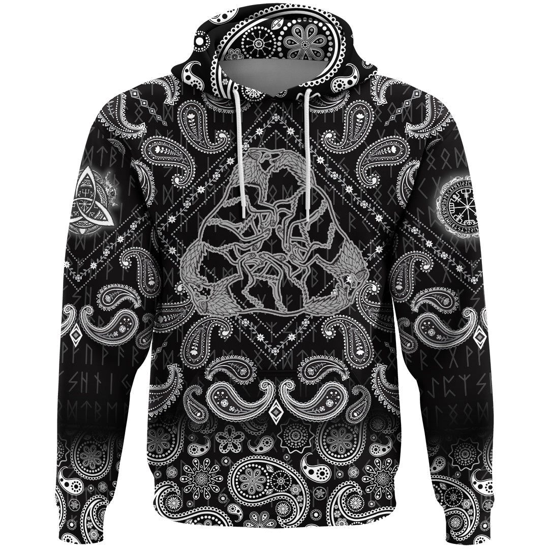 Viking Hoodie Three Wolves Fantasy Ornament Black and White with Bandana Paisley Style RLT12
