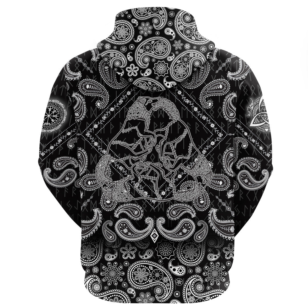 Viking Hoodie Three Wolves Fantasy Ornament Black and White with Bandana Paisley Style RLT12