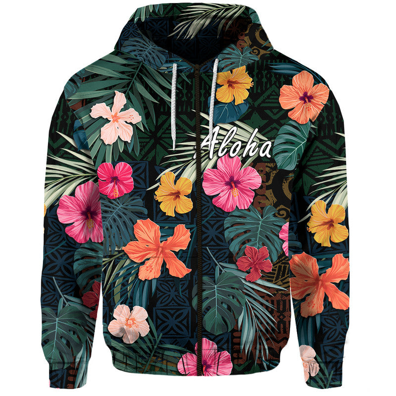 Custom Hawaii Hoodie Tribal Elements And Hibiscus Version LT9