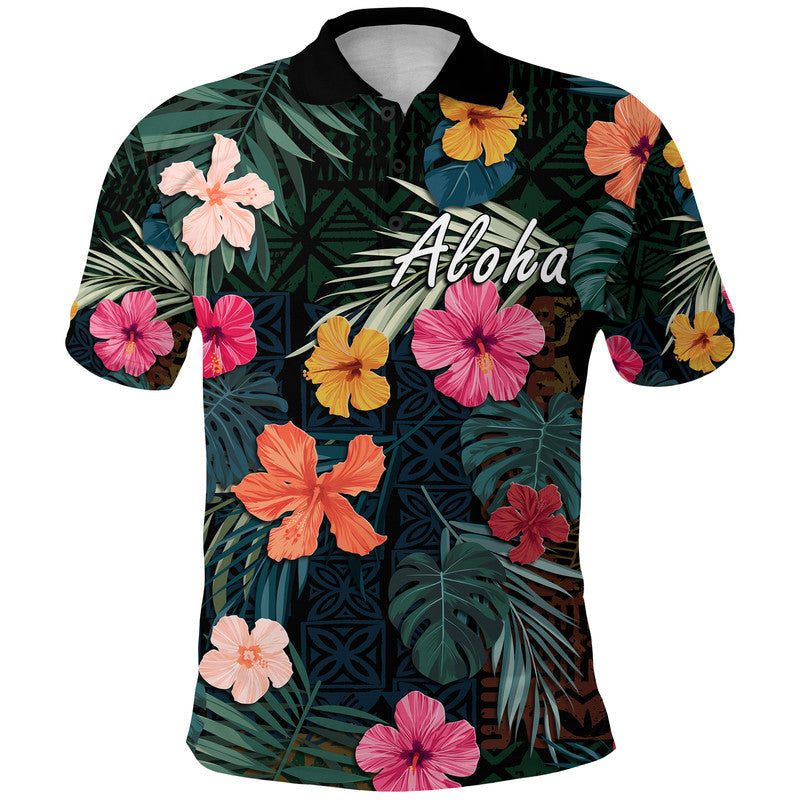 Hawaii Polo Shirt Tribal Elements And Hibiscus Version LT9