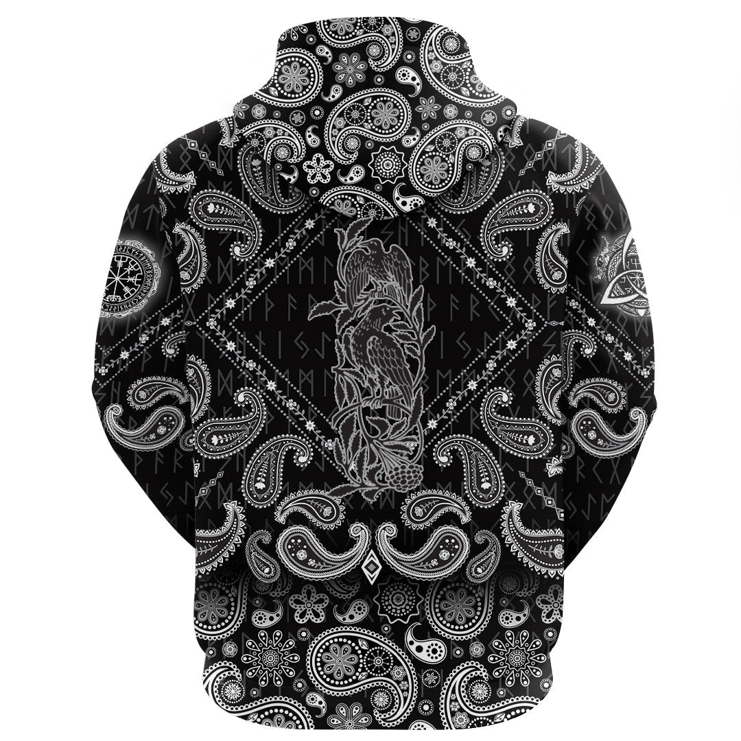 Viking Hoodie Two Black Crows and Branches Of Mountain Ash with Bandana Paisley Style RLT12