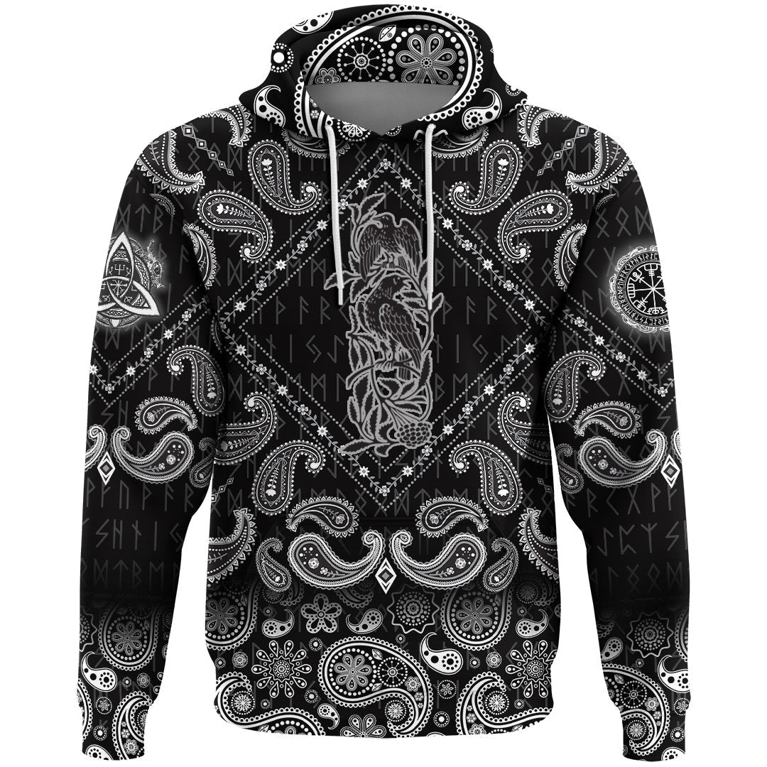 Viking Hoodie Two Black Crows and Branches Of Mountain Ash with Bandana Paisley Style RLT12