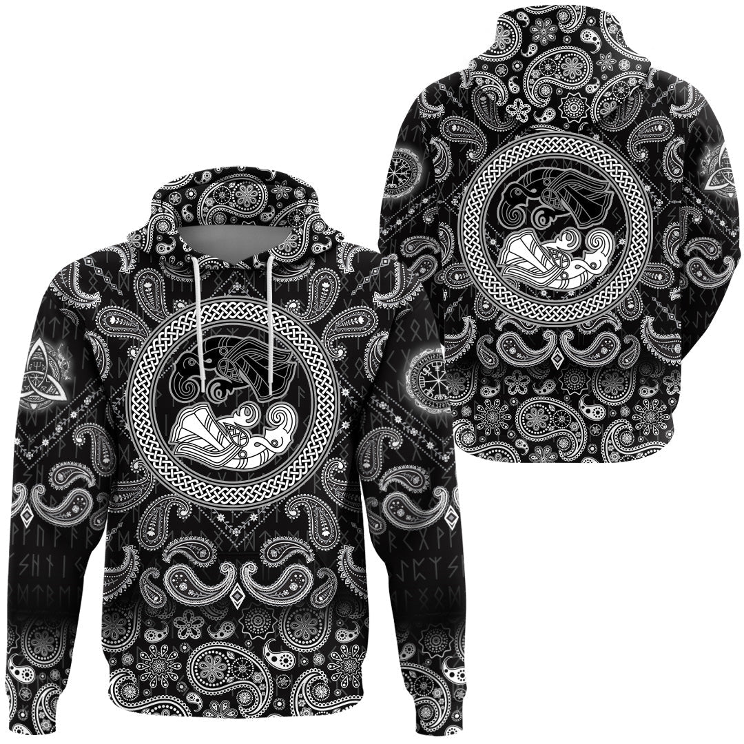 Viking Hoodie Two Ravens Of The God Odin In Scandinavian Style with Bandana Paisley Style RLT12