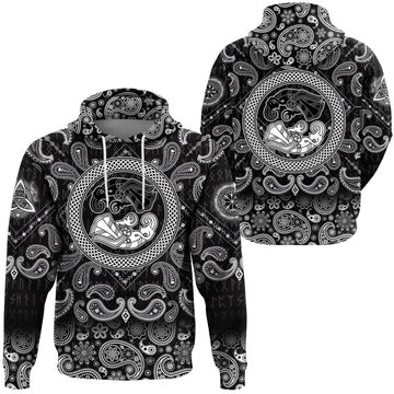 Viking Hoodie Two Ravens Of The God Odin In Scandinavian Style with Bandana Paisley Style RLT12