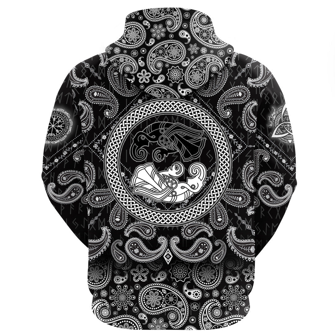 Viking Hoodie Two Ravens Of The God Odin In Scandinavian Style with Bandana Paisley Style RLT12