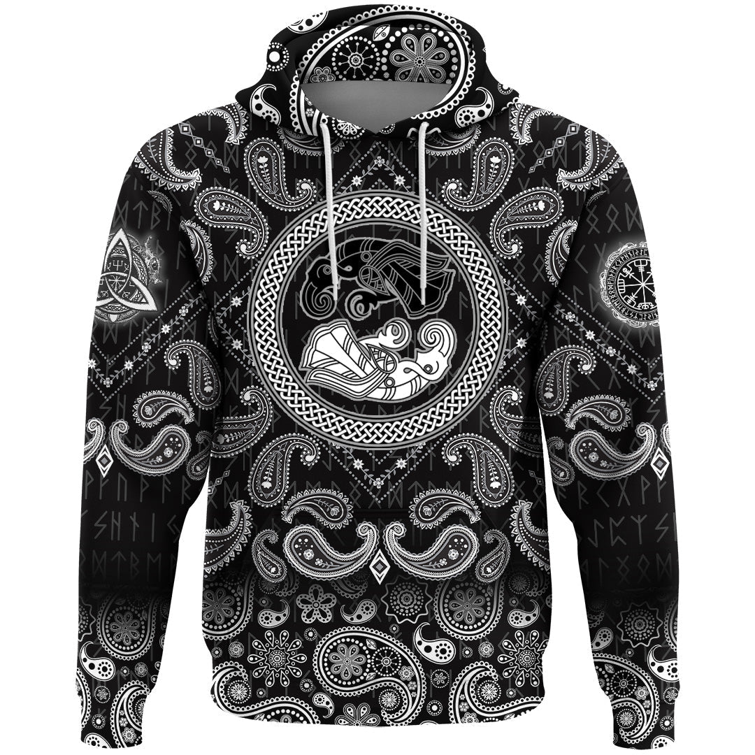 Viking Hoodie Two Ravens Of The God Odin In Scandinavian Style with Bandana Paisley Style RLT12