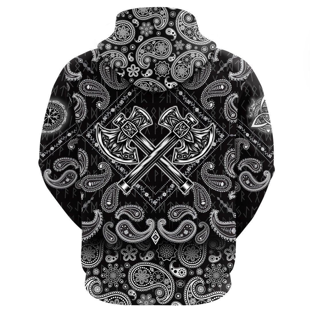 Viking Hoodie Two Warrior Axes with Bandana Paisley Style RLT12