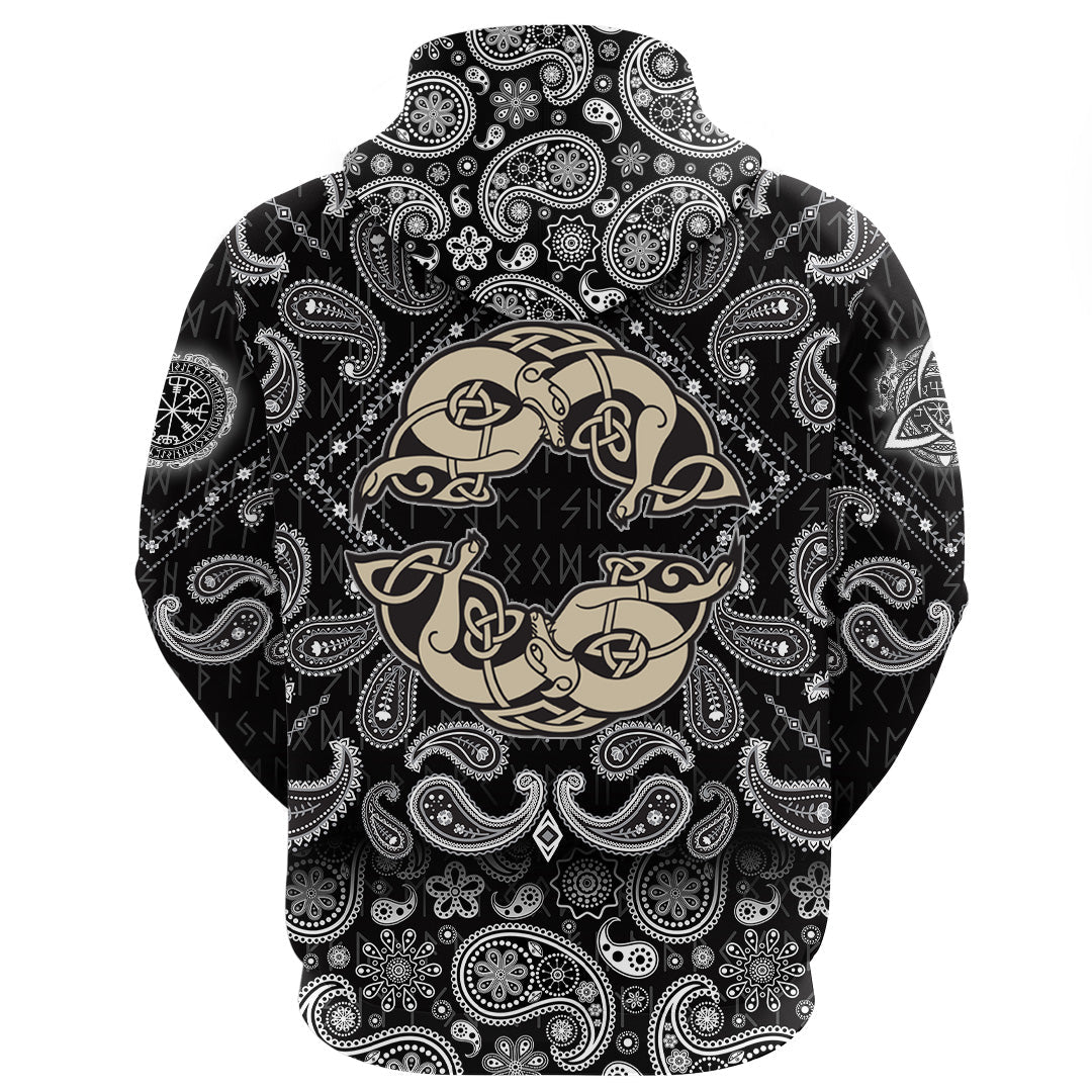 Viking Hoodie Two Wolves Of Odin Geri and Freki Scandinavian and Celtic Style with Bandana Paisley Style RLT12