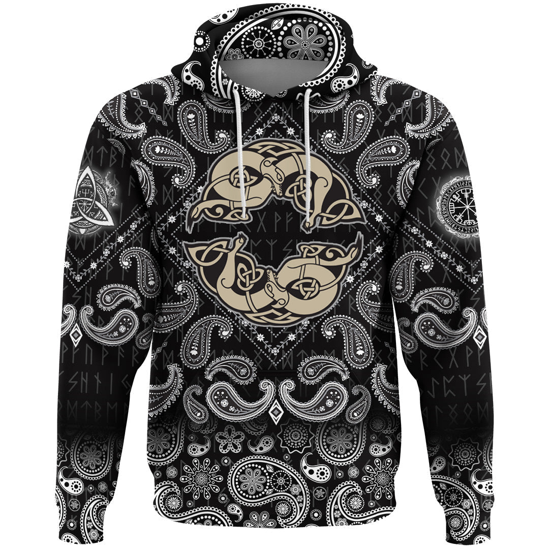 Viking Hoodie Two Wolves Of Odin Geri and Freki Scandinavian and Celtic Style with Bandana Paisley Style RLT12