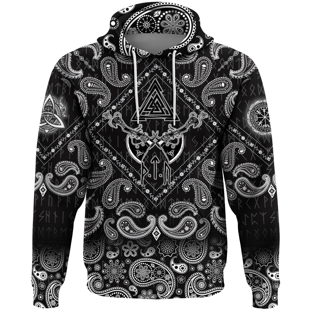 Viking Hoodie Valknut Two Axes with Bandana Paisley Style RLT12